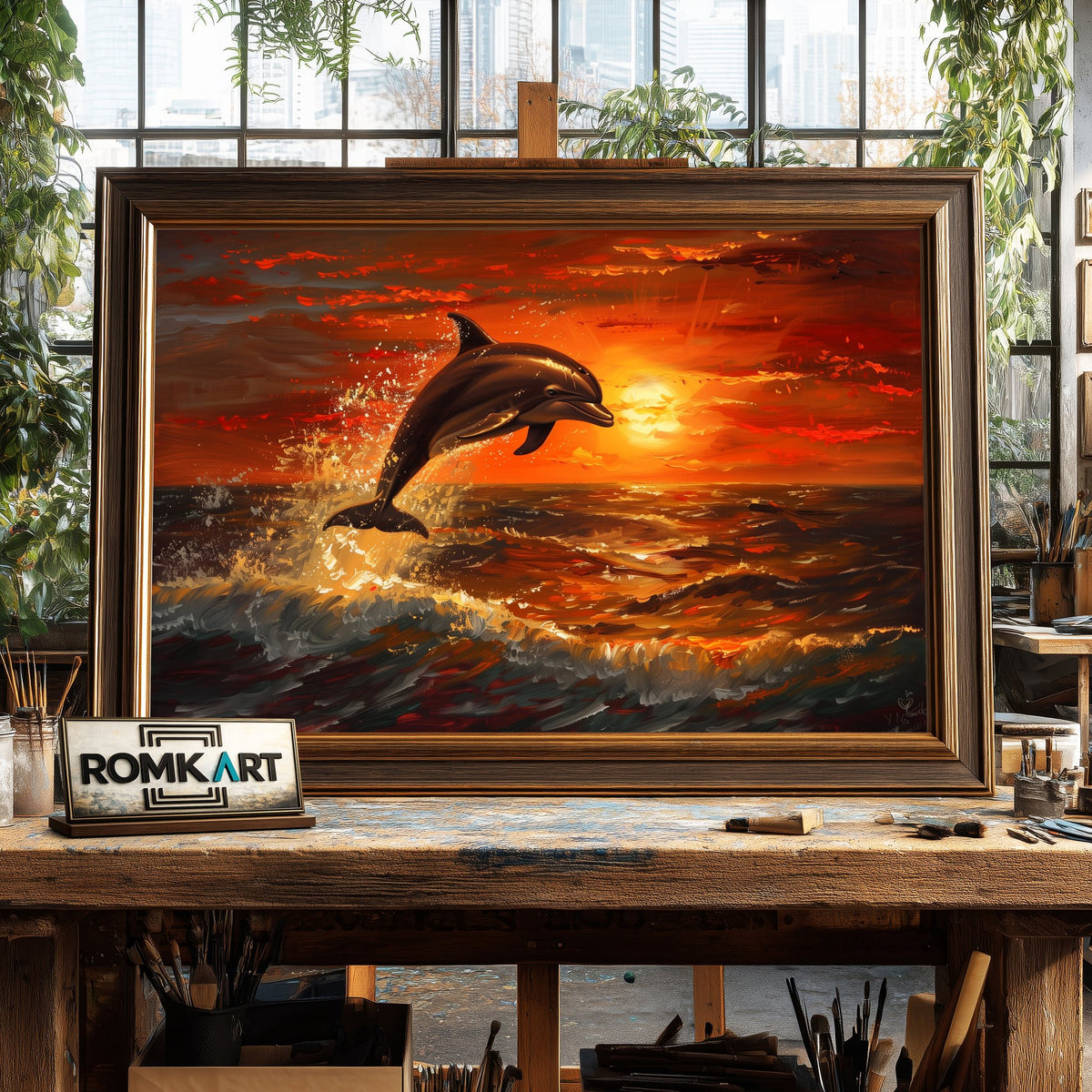 Dolphin Leaping Sunset Marine Life Oil Painting - image 2