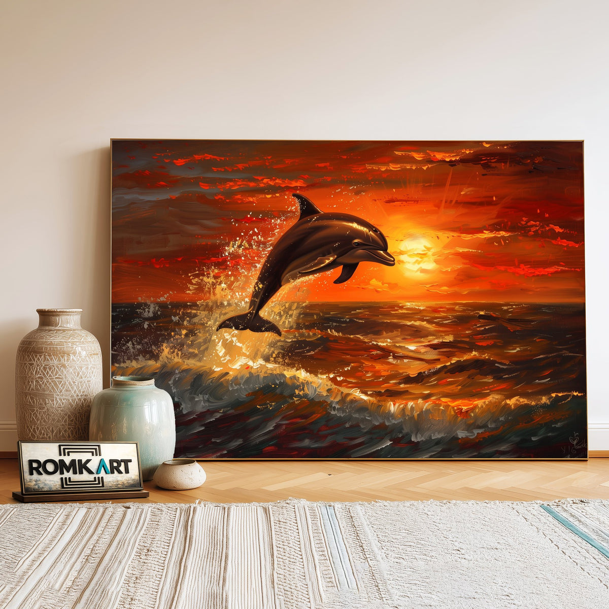 Dolphin Leaping Sunset Marine Life Oil Painting - image 3