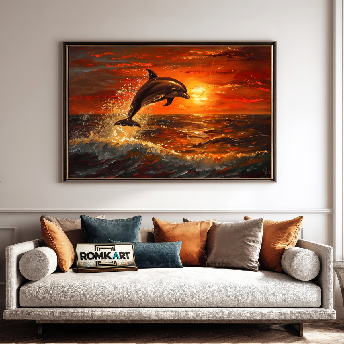 Dolphin Leaping Sunset Marine Life Oil Painting - image 4