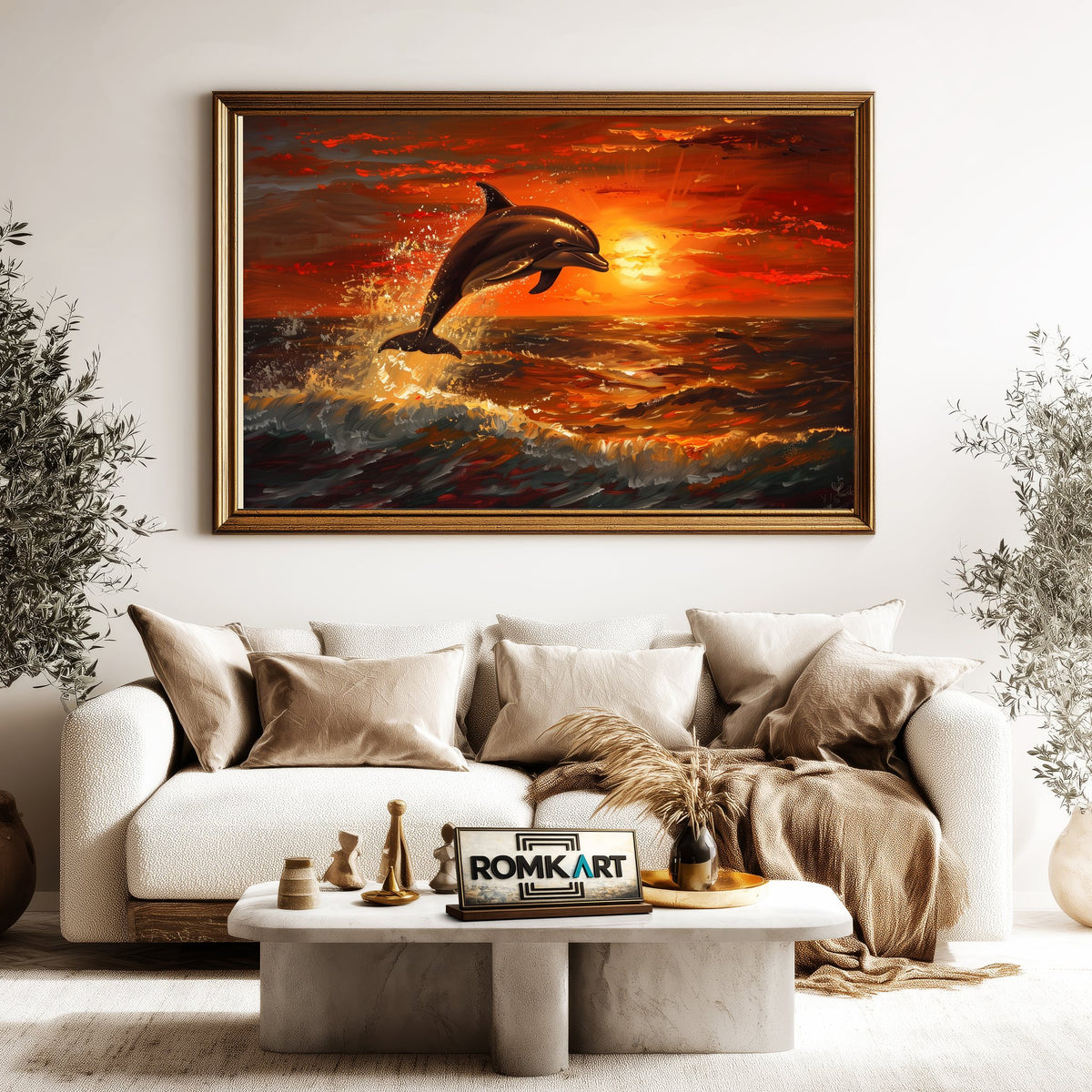 Dolphin Leaping Sunset Marine Life Oil Painting - image 5