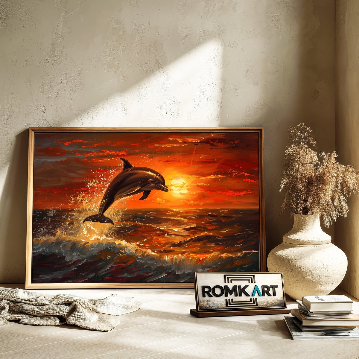 Dolphin Leaping Sunset Marine Life Oil Painting - image 6