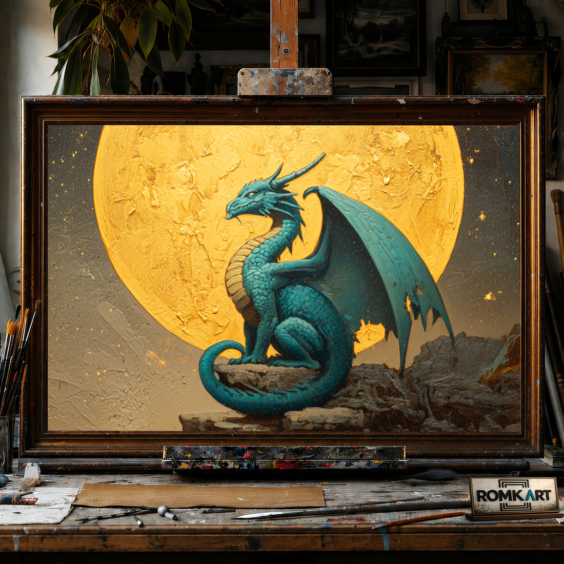 Dragon and Full Moon hand-painted oil painting on canvas
