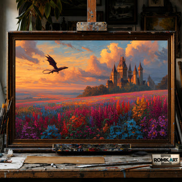 Dragon Flying on Epic Fantasy Castle hand-painted oil painting on canvas