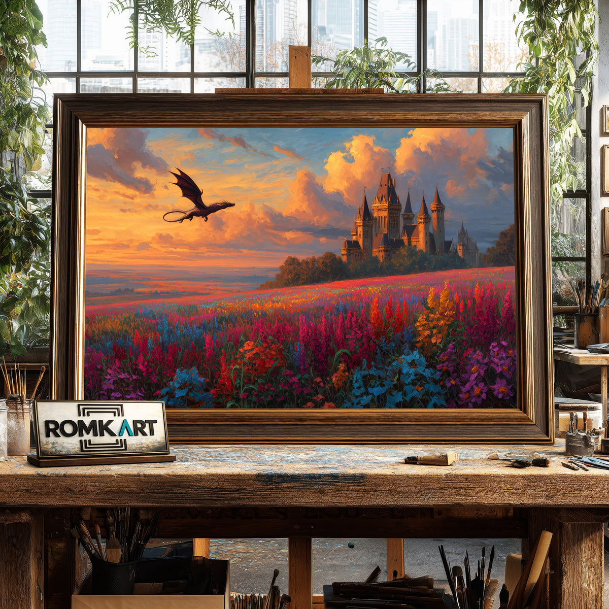 Dragon Flying on Epic Fantasy Castle Oil Painting - image 2