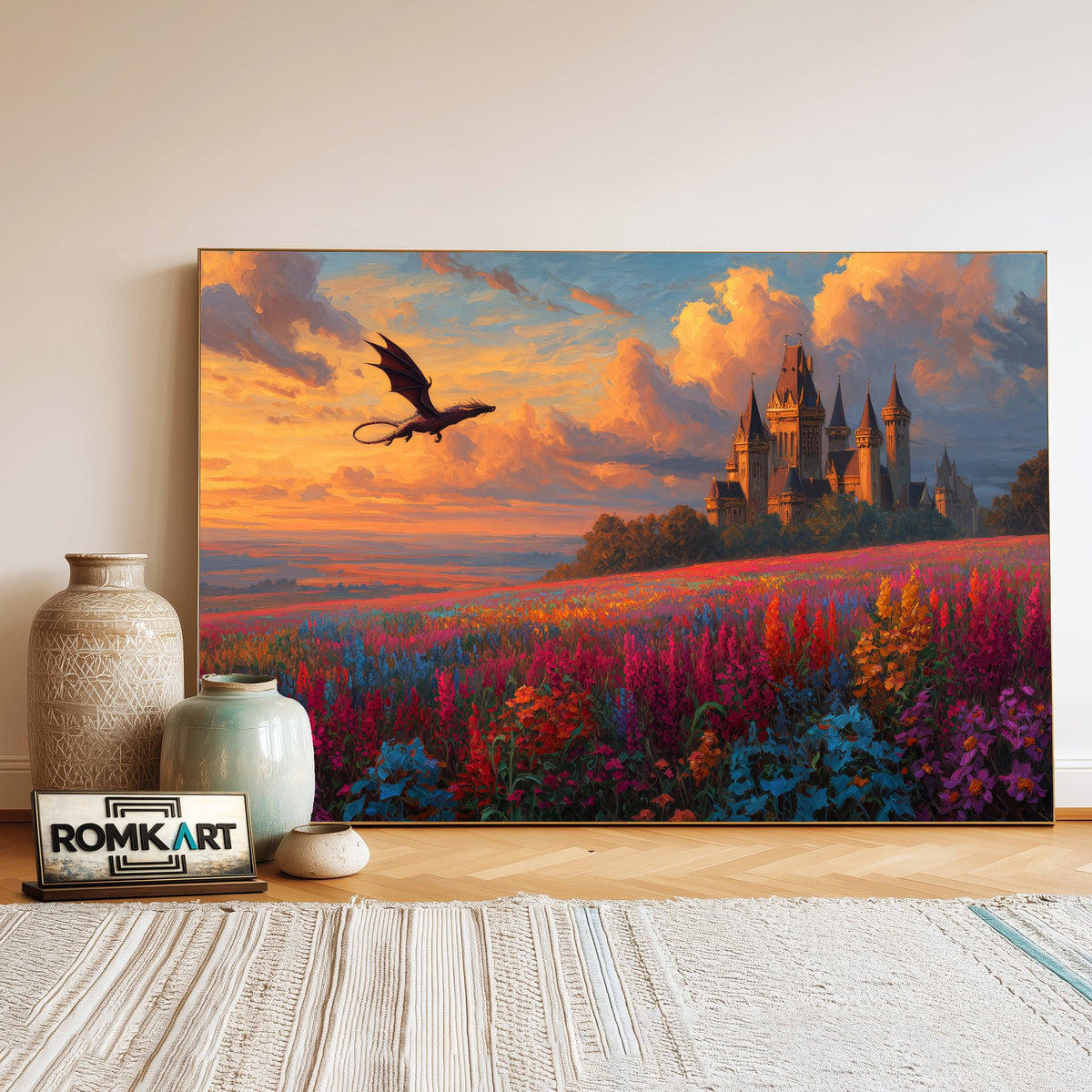 Dragon Flying on Epic Fantasy Castle Oil Painting - image 3