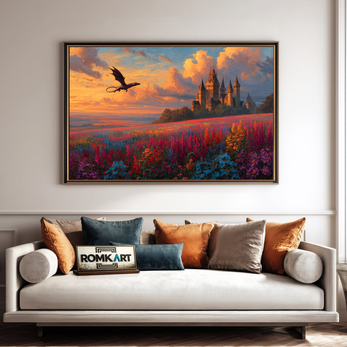 Dragon Flying on Epic Fantasy Castle Oil Painting - image 4
