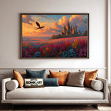 Dragon Flying on Epic Fantasy Castle Oil Painting - image 4