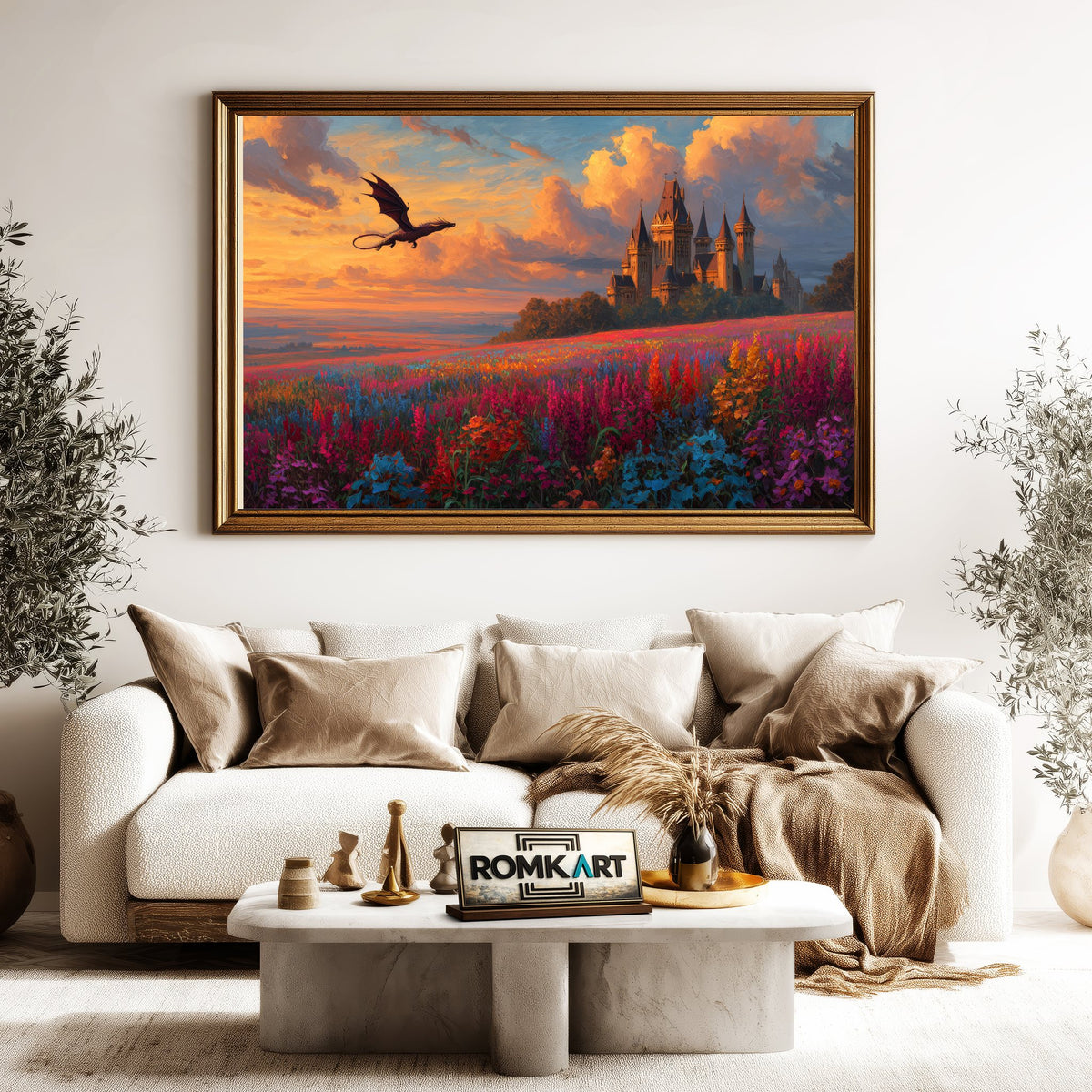 Dragon Flying on Epic Fantasy Castle Oil Painting - image 5