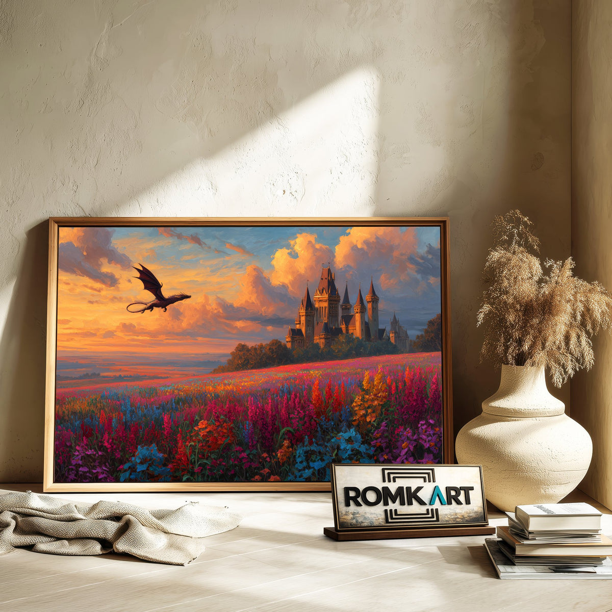 Dragon Flying on Epic Fantasy Castle Oil Painting - image 6