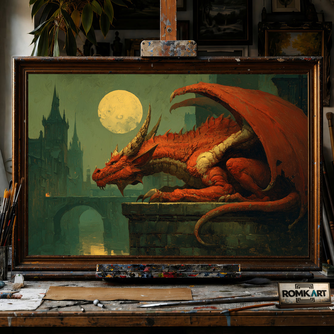 Dragon in Old Europe City hand-painted oil painting on canvas