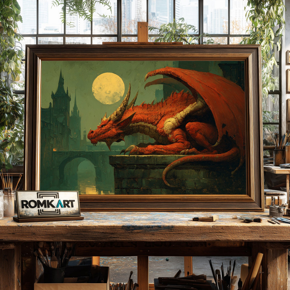Dragon in Old Europe City Fantasy Oil Painting - image 2