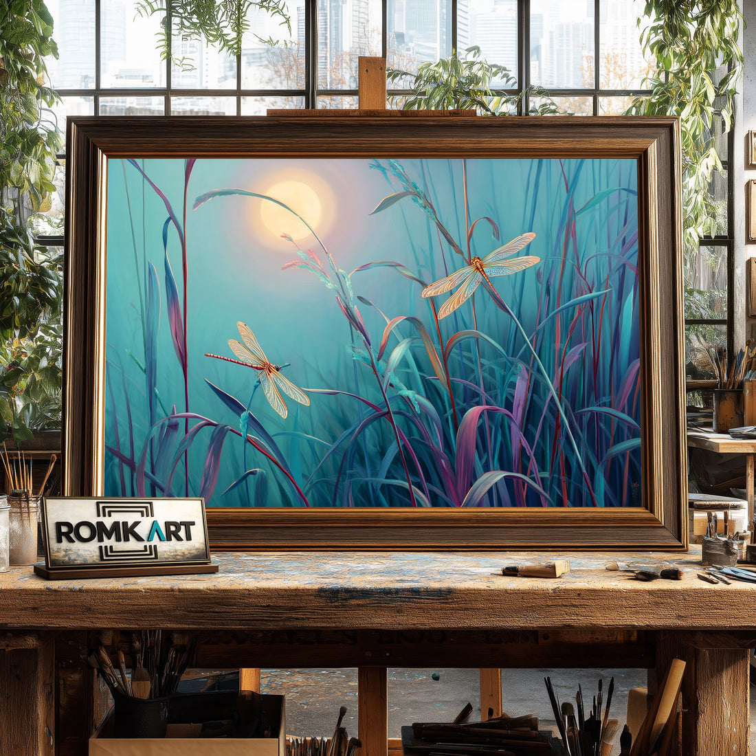 Dragonflies in Tranquil Moonlight hand-painted oil painting on canvas