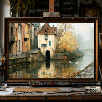 Düsseldorf Canal hand-painted oil painting on canvas