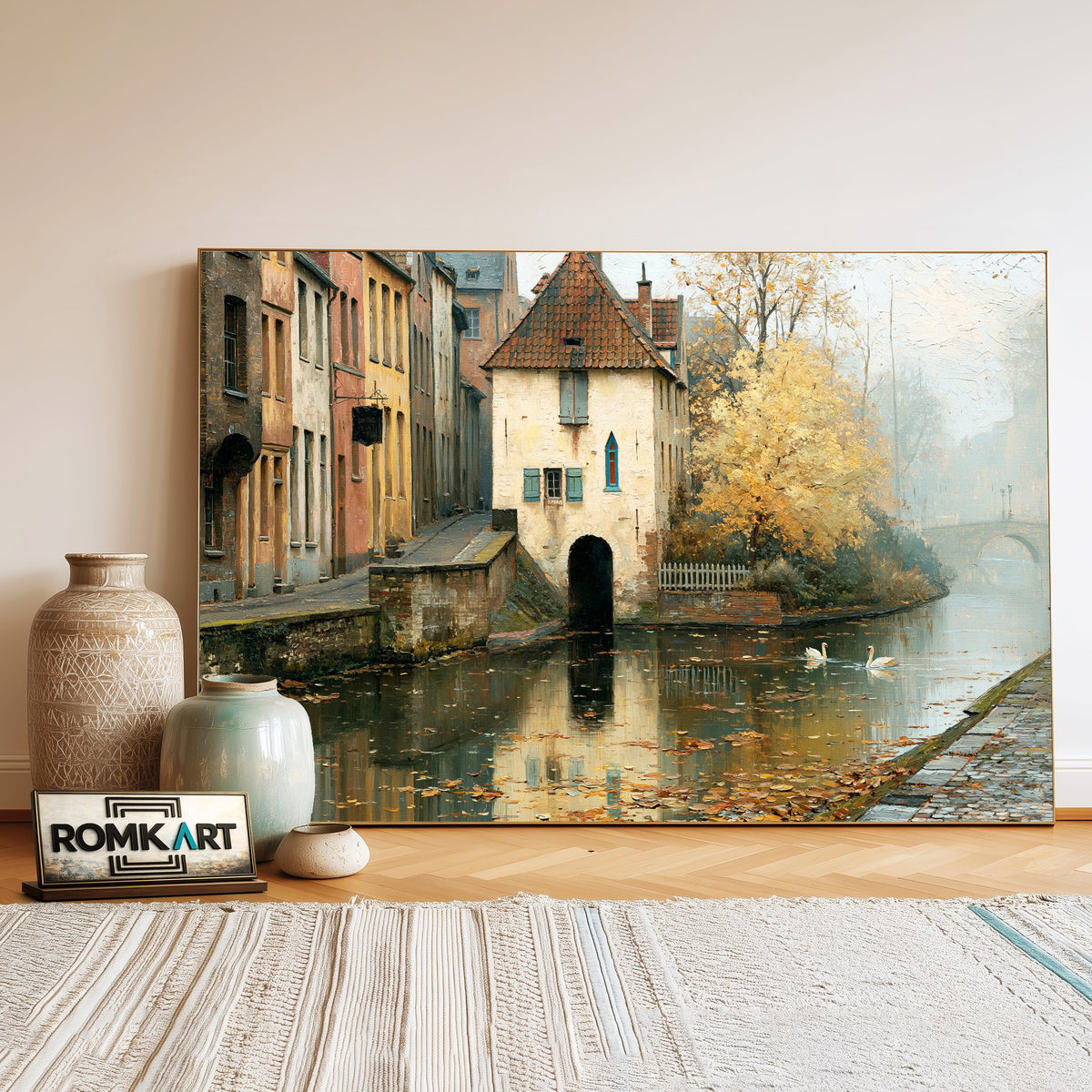 Düsseldorf Canal Harbor Seascape Oil Painting - image 3
