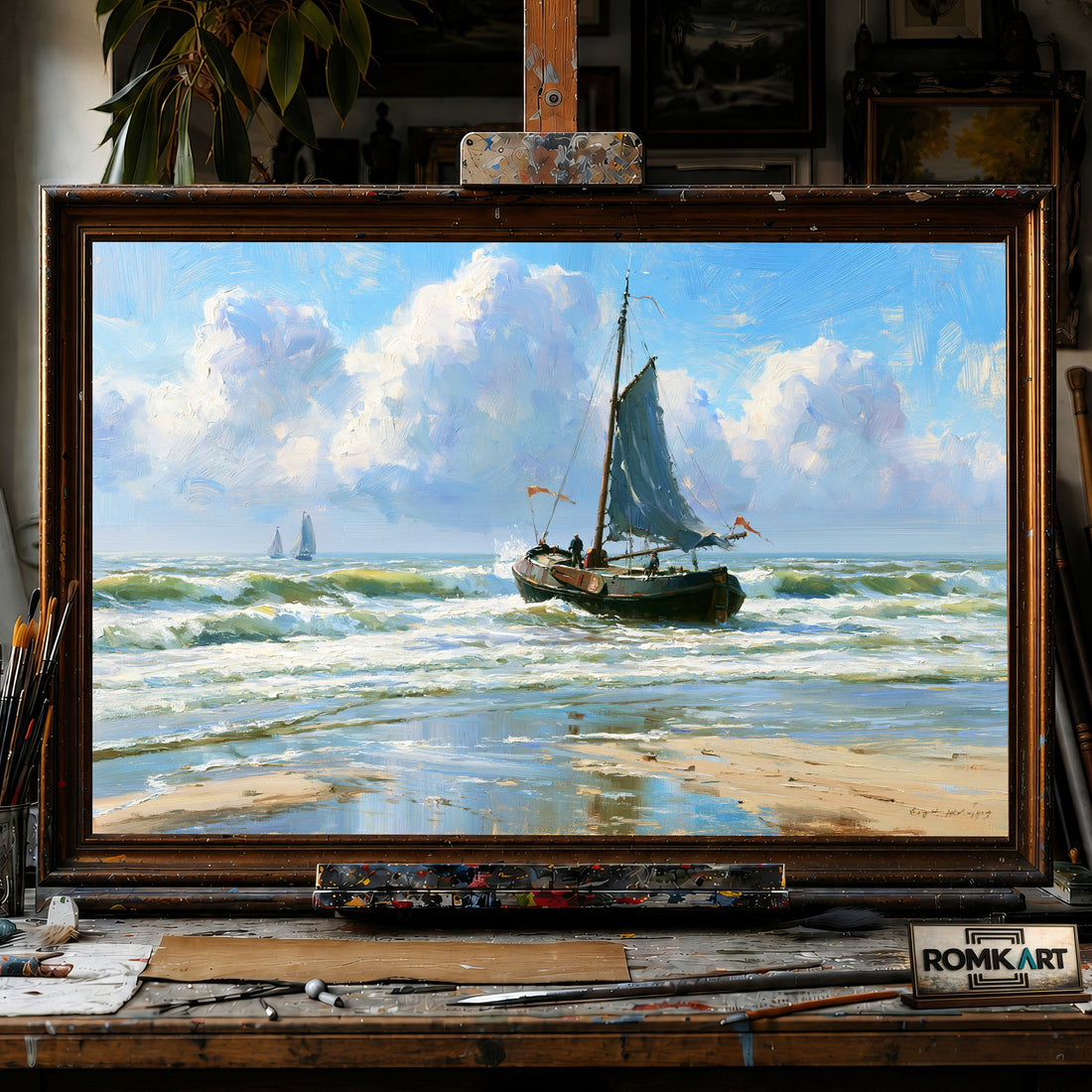 Dutch bomschuit in the breakers - Hand-Painted Oil Painting - View 1