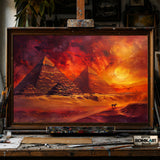 Egyptian Pyramids in Fiery Sunset hand-painted oil painting on canvas