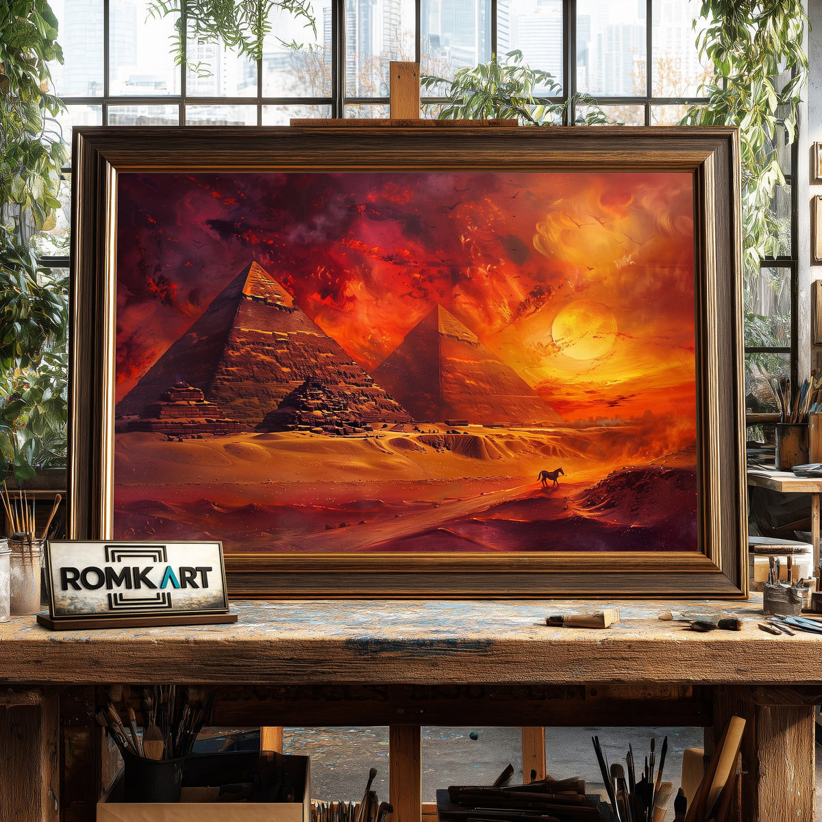 Egyptian Pyramids in Fiery Sunset Landscape Oil Painting - image 2