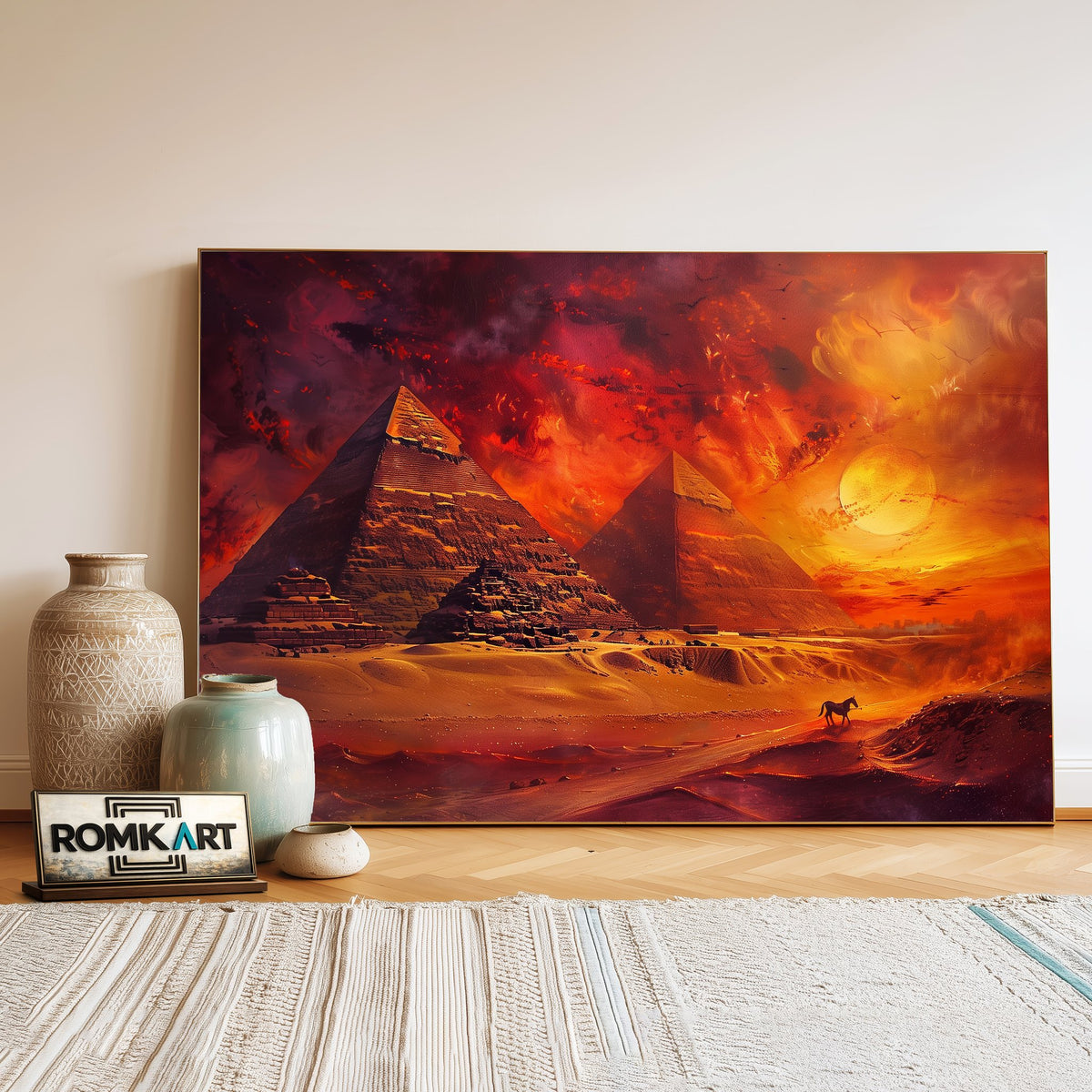 Egyptian Pyramids in Fiery Sunset Landscape Oil Painting - image 3