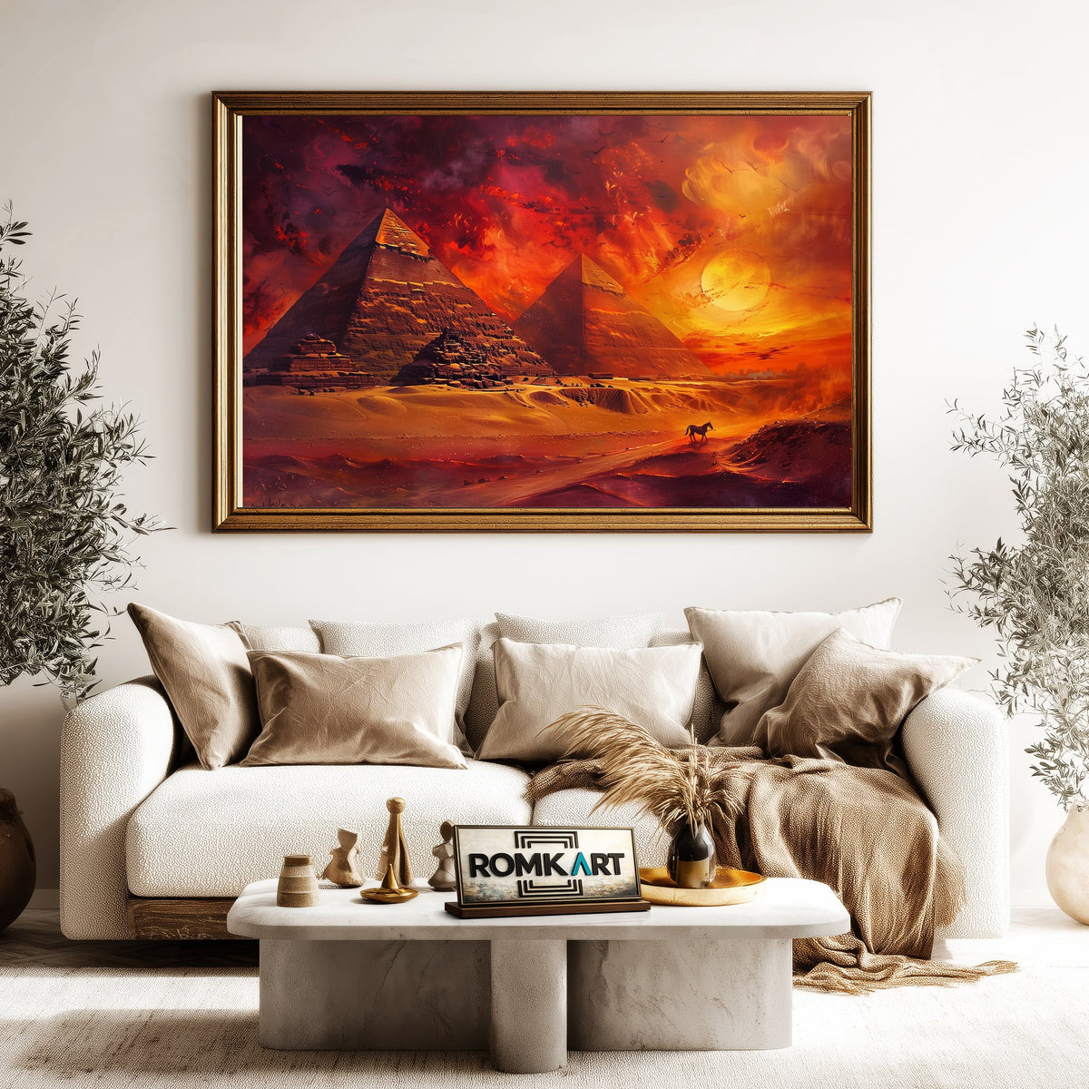 Egyptian Pyramids in Fiery Sunset Landscape Oil Painting - image 5