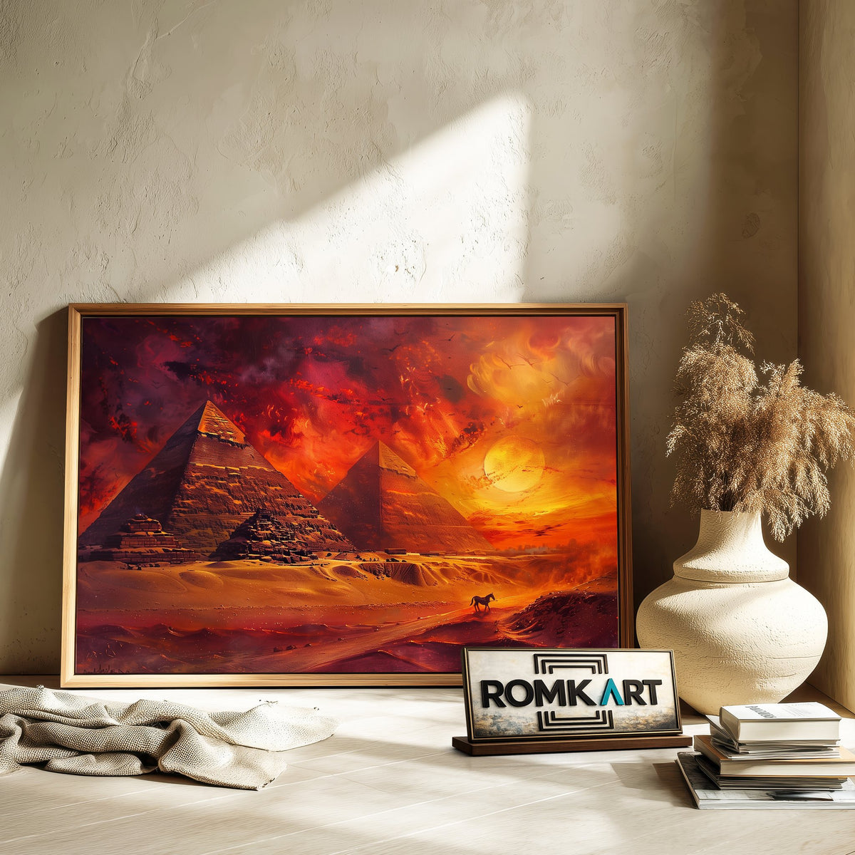 Egyptian Pyramids in Fiery Sunset Landscape Oil Painting - image 6