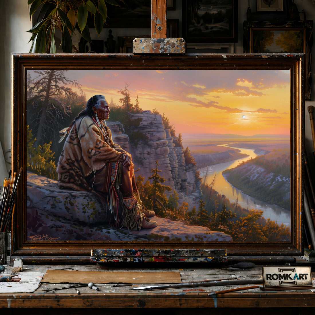 Elder Native American hand-painted oil painting on canvas