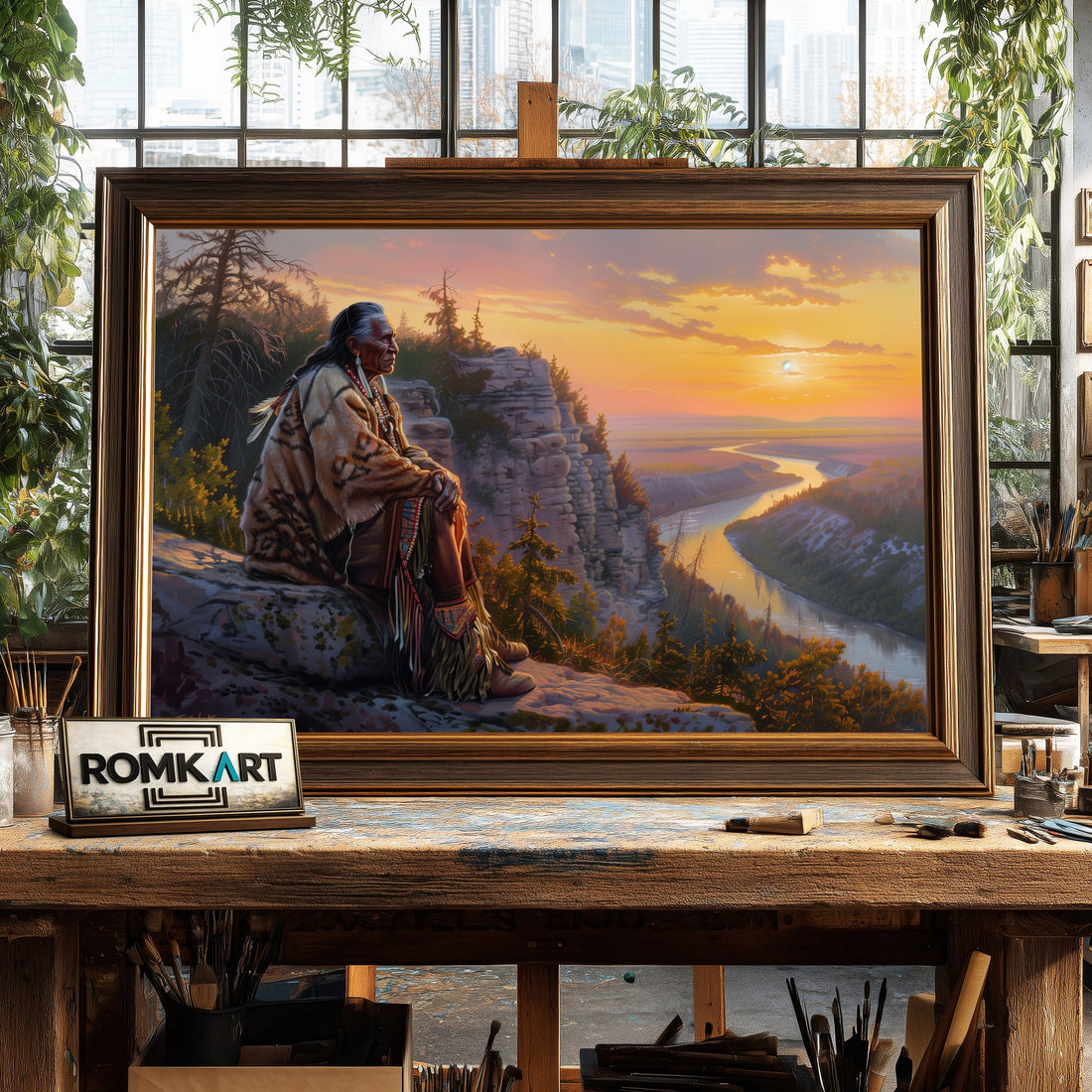 Elder Native American hand-painted oil painting on canvas