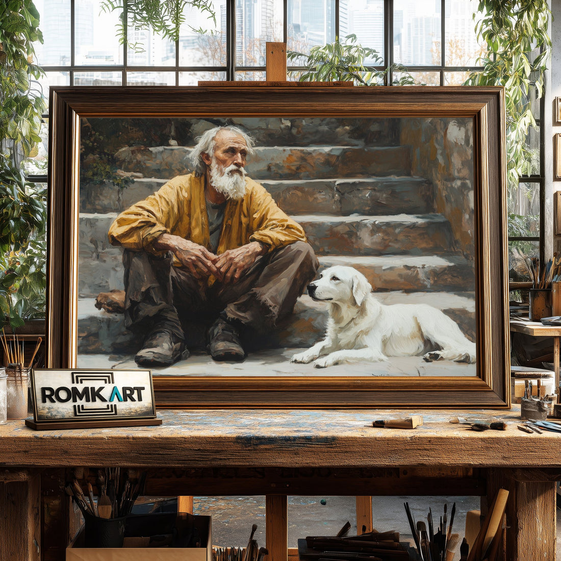 Elderly Poor Man and Dog hand-painted oil painting on canvas