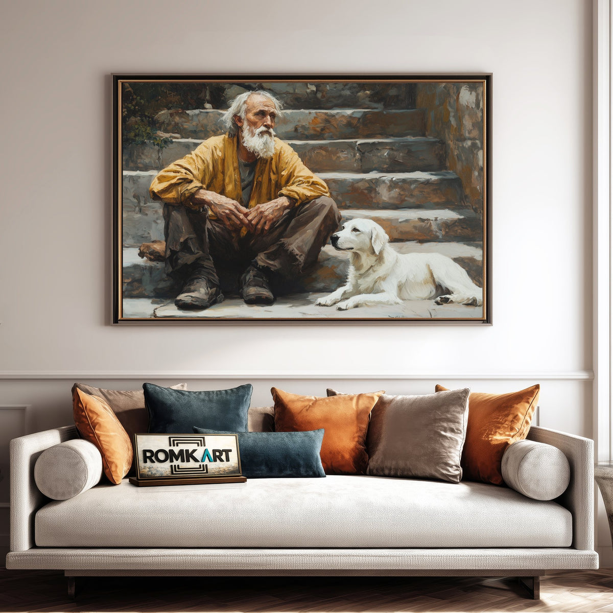 Elderly Poor Man and Dog Oil Painting - image 4