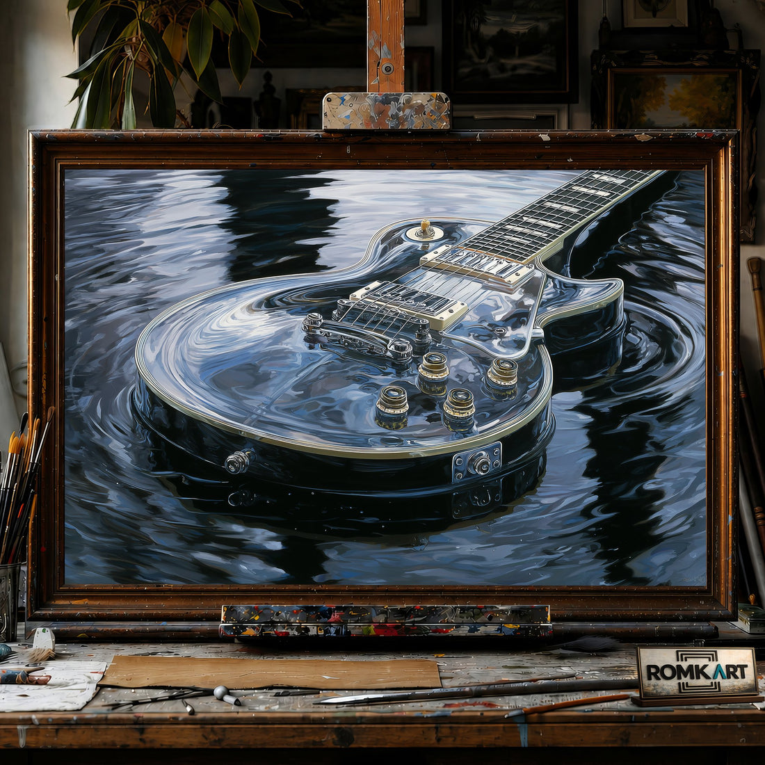 Electric Guitar on Dark Water - Hand-Painted Oil Painting - View 1