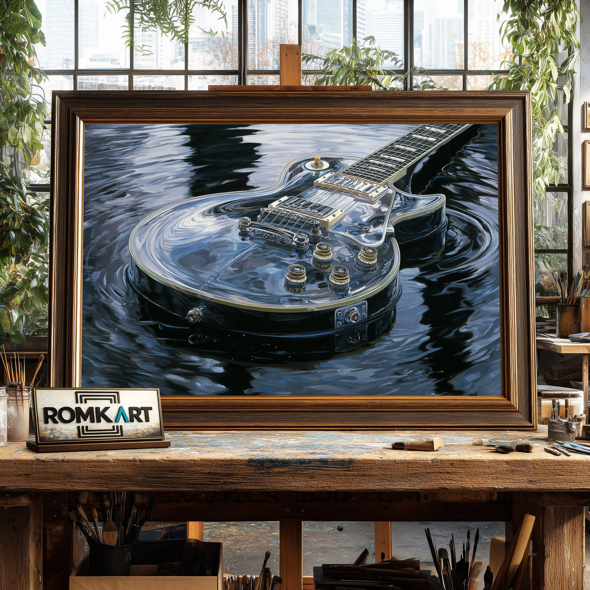 Electric Guitar On Dark Water Oil Painting - image 2