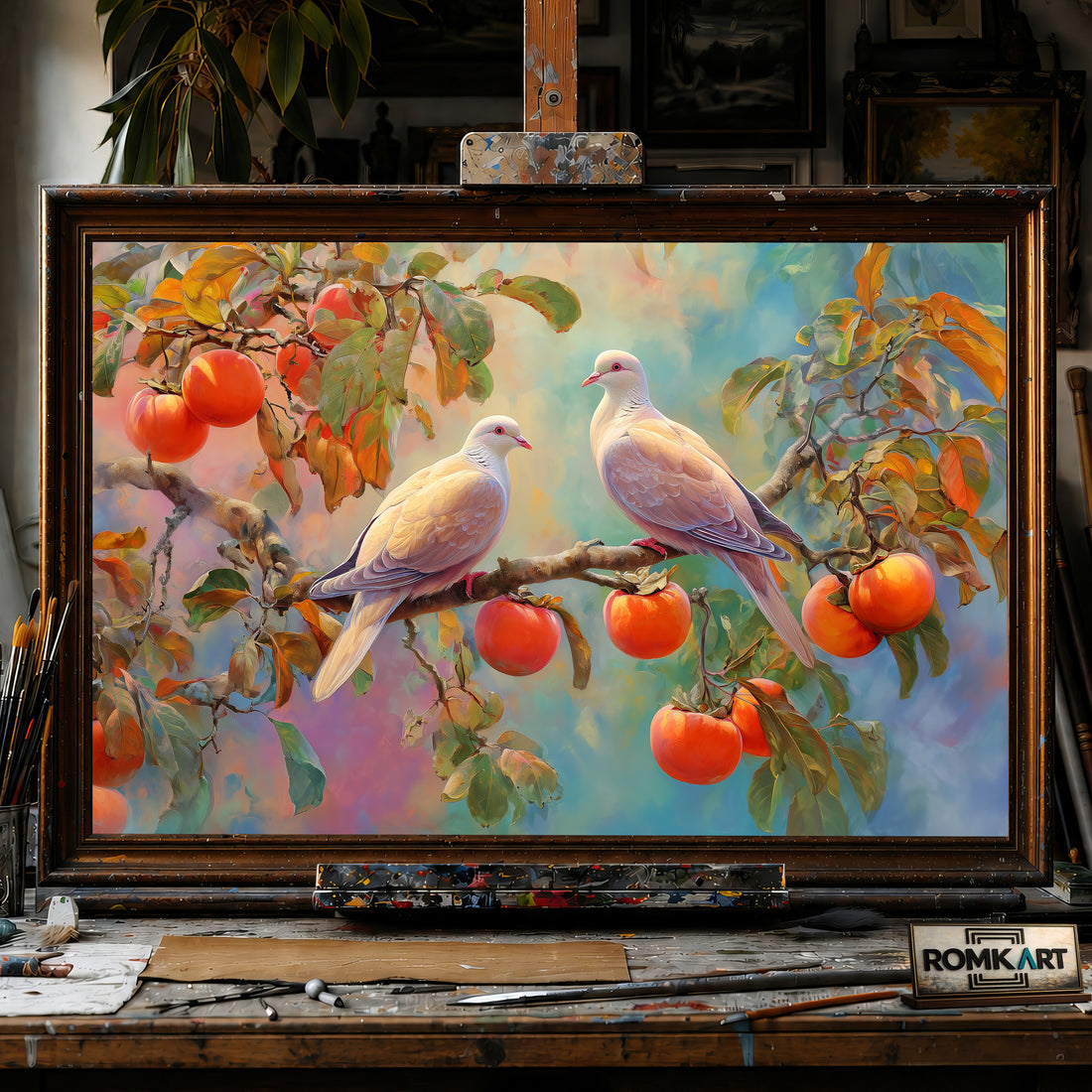 Elegant Doves on Fruit Tree hand-painted oil painting on canvas