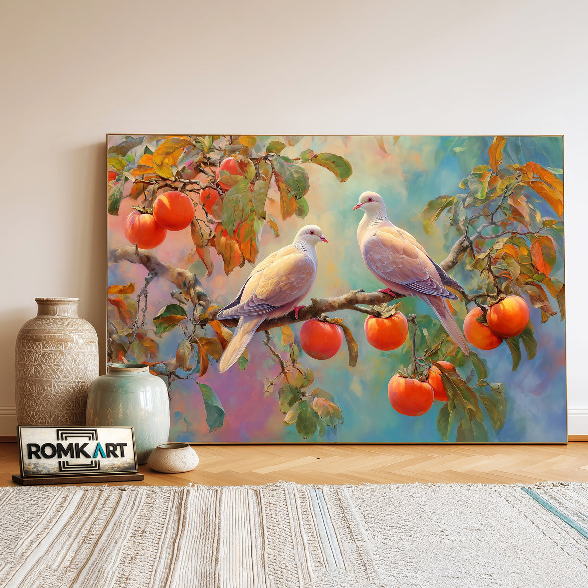 Elegant Doves on Fruit Tree Forest Landscape Oil Painting - image 3