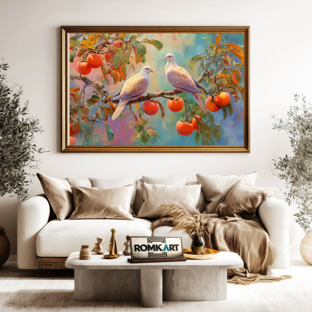 Elegant Doves on Fruit Tree Forest Landscape Oil Painting - image 5