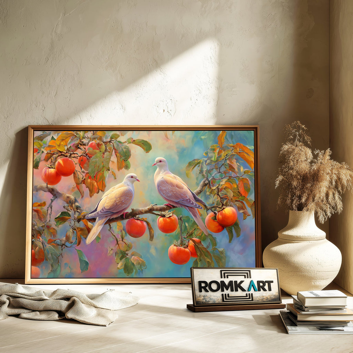 Elegant Doves on Fruit Tree Forest Landscape Oil Painting - image 6