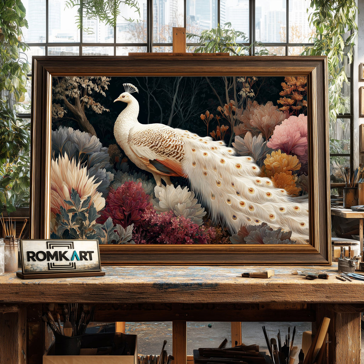 Elegant White Peacock Bird Oil Painting - image 2