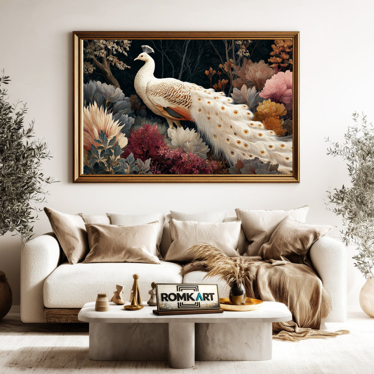 Elegant White Peacock Bird Oil Painting - image 5