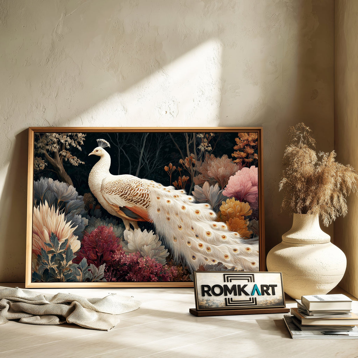 Elegant White Peacock Bird Oil Painting - image 6