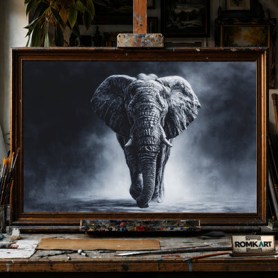 Elephant Walking Black - Hand-Painted Oil Painting - View 1
