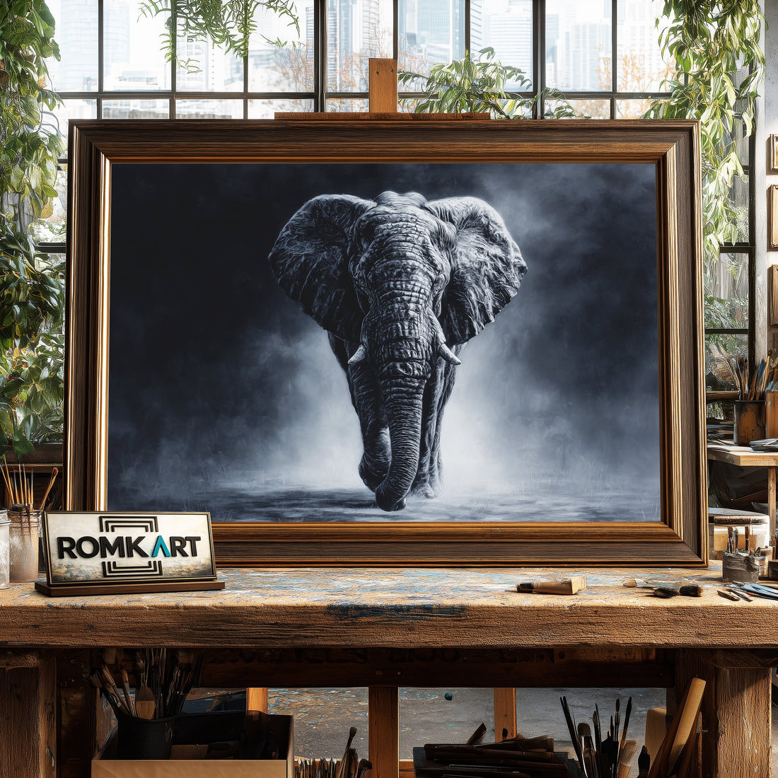 Elephant Walking Black - Hand-Painted Oil Painting - View 1