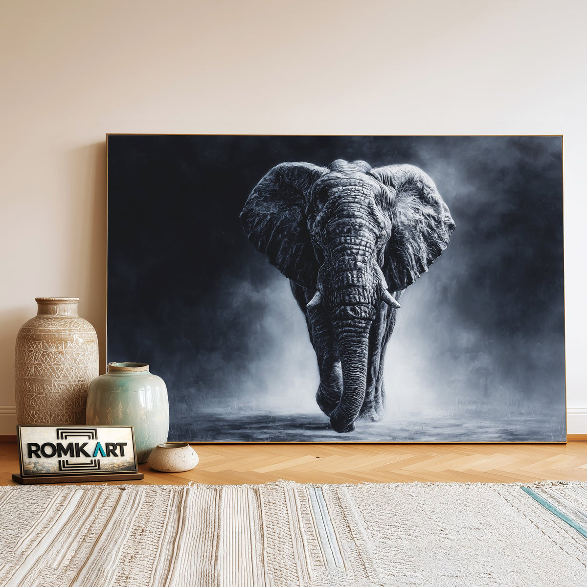 Elephant Walking Black Oil Painting - image 3