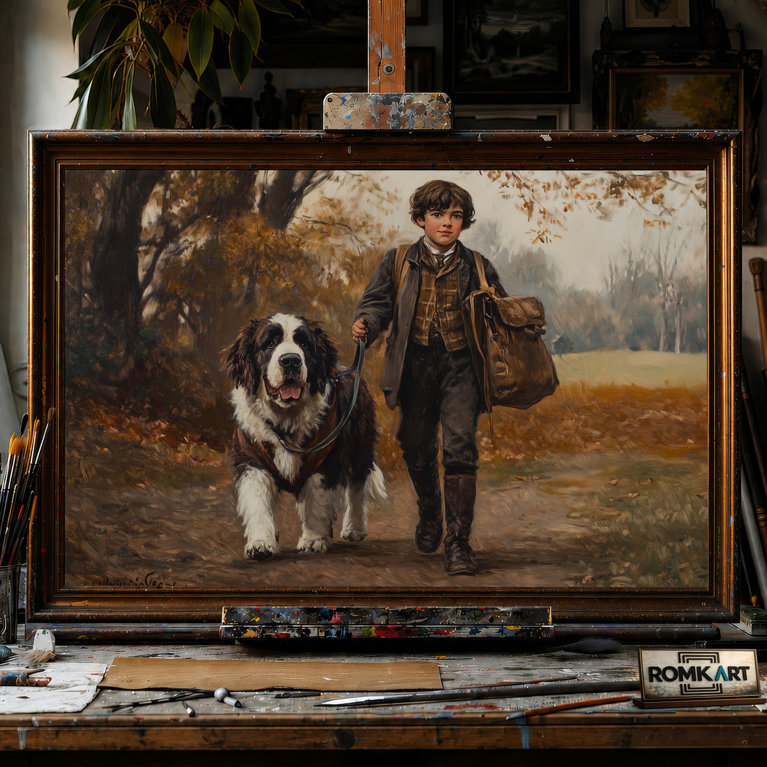 English Boy and Saint Bernard dog hand-painted oil painting on canvas