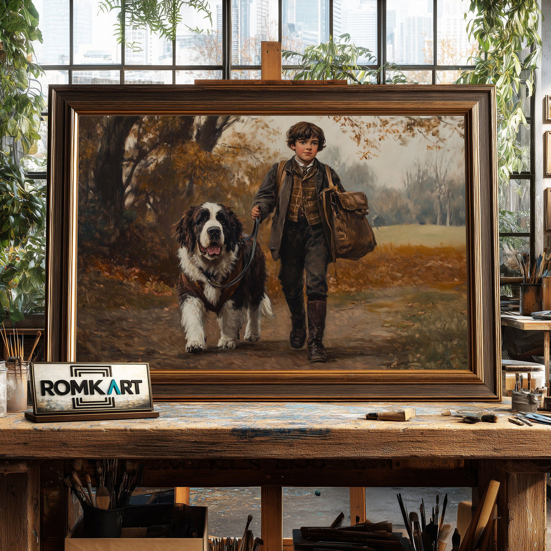 English Boy and Saint Bernard dog hand-painted oil painting on canvas