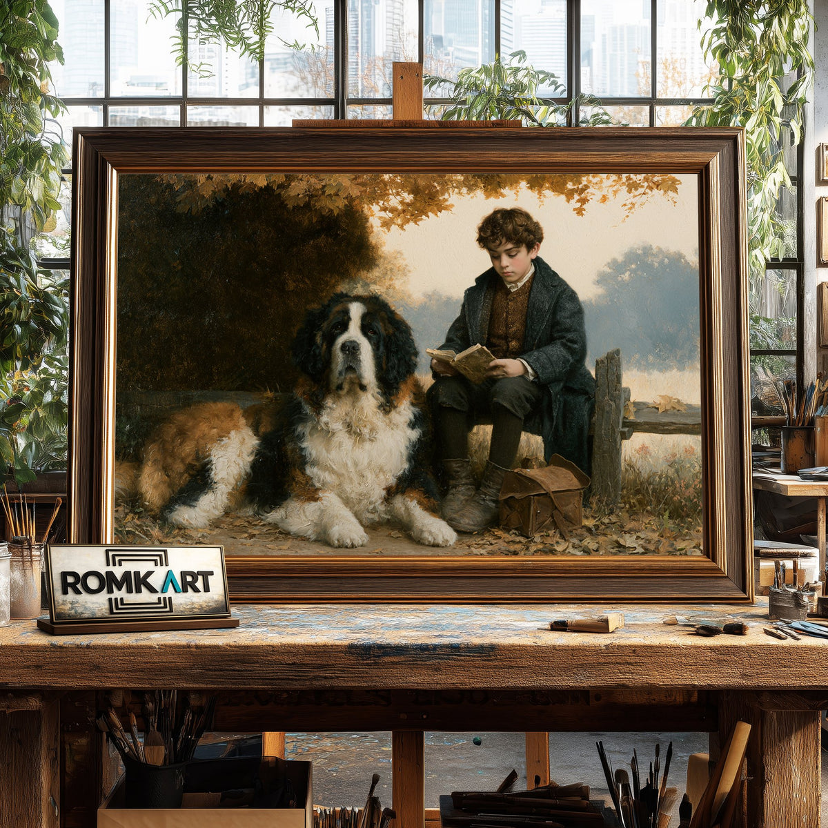 English Boy Reading and Saint Bernard Figurative Oil Painting - image 2