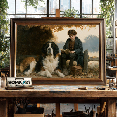English Boy Reading and Saint Bernard Figurative Oil Painting - image 2