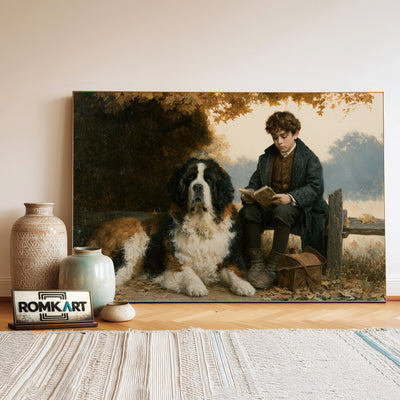 English Boy Reading and Saint Bernard Figurative Oil Painting - image 3