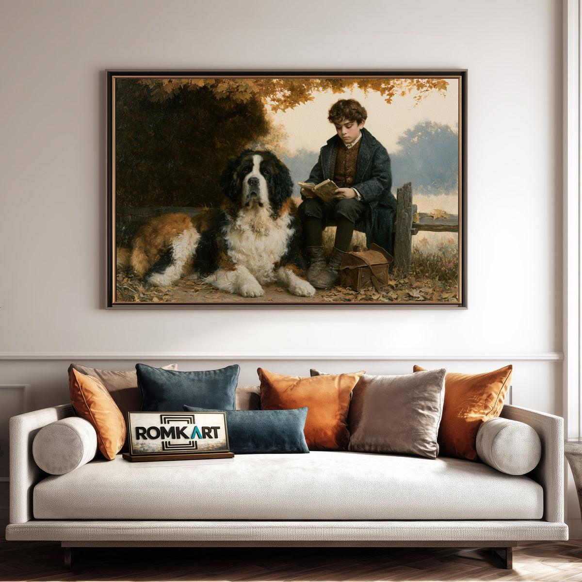 English Boy Reading and Saint Bernard Figurative Oil Painting - image 4