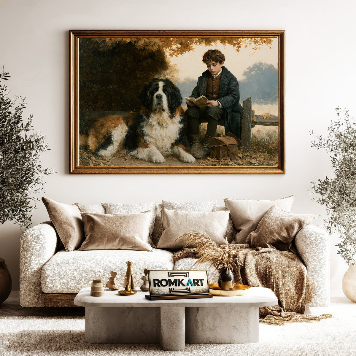 English Boy Reading and Saint Bernard Figurative Oil Painting - image 5