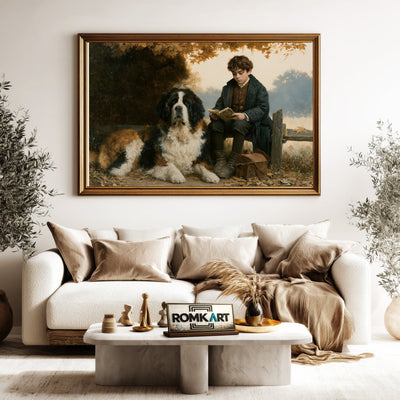 English Boy Reading and Saint Bernard Figurative Oil Painting - image 5