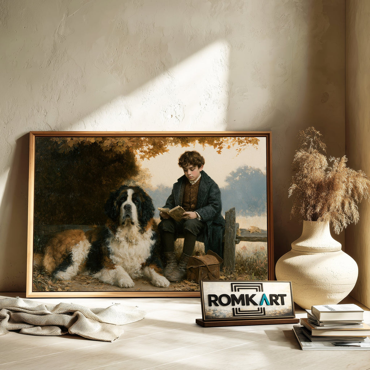 English Boy Reading and Saint Bernard Figurative Oil Painting - image 6