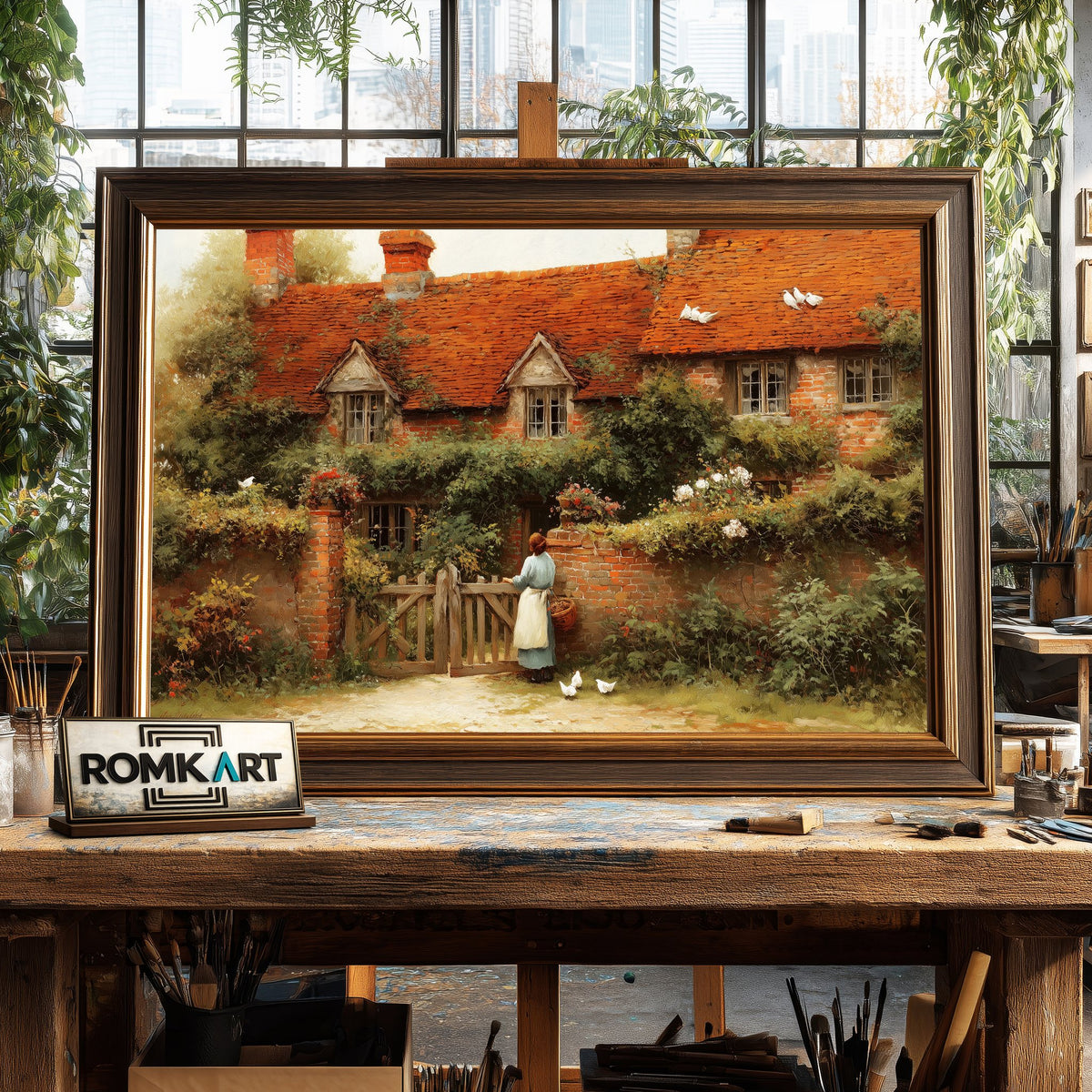 English Cottage Garden Countryside Oil Painting - image 2